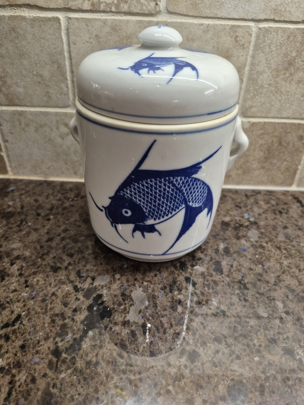 Vintage Koi Fish Chinese Asian Ginger Jar Tea Caddy Double Lid EUC
